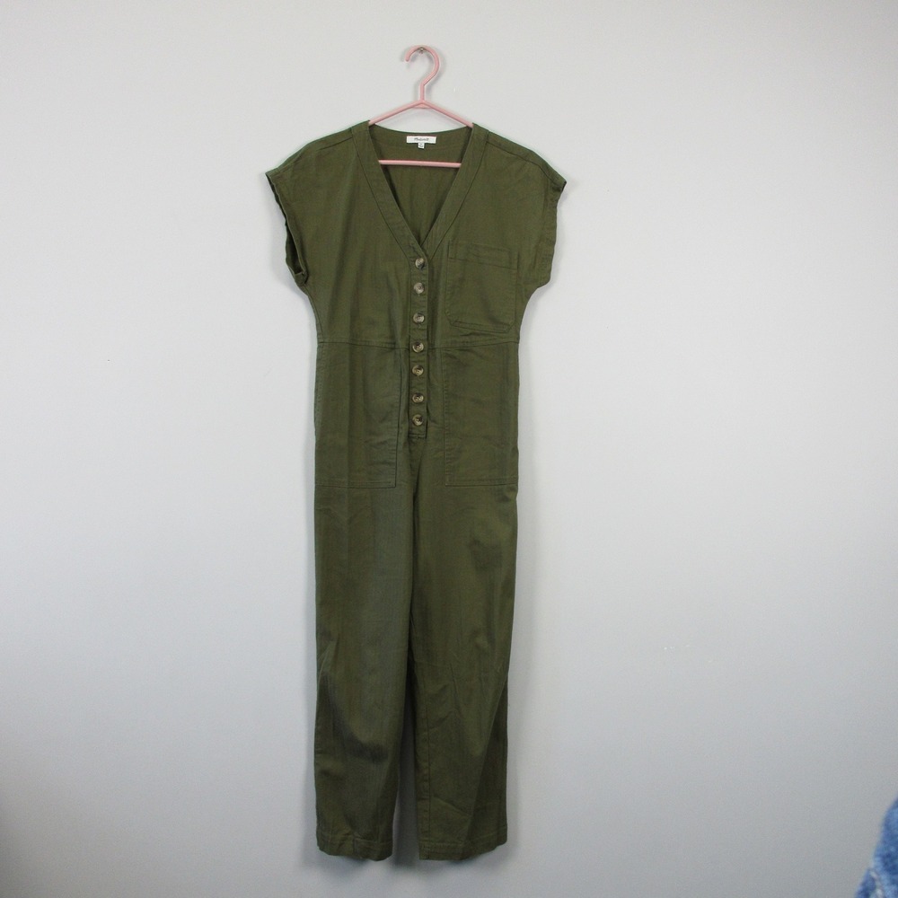Madewell Cap Sleeve Utility Jumpsuit Women S Green Button Cotton Casual 508